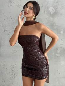 Firerie 女士新款优雅棕色亮片闪亮面料露肩系腰迷你连衣裙，适合派对、音乐节、秋季时尚、婚礼宾客礼服、性感俱乐部服装、外出服装 - 棕色 - 查看 5