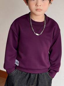 SHEIN Little Byeori Young Boys Casual Crew Neck Pullover Sweatshirt - Purple - View 7