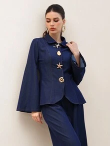 Modelyn 时尚女装套装，优雅金属纽扣装饰长袖蓝色牛仔上衣和高腰阔腿直筒裤 - 藍色 - 查看 4