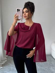 Elenzga Áo cánh tay dài ôm sát, đính nút ngọc trai trắng, màu đỏ tía thanh lịch dành cho nữ, mùa xuân/thu - Màu Đỏ Sâu - Xem 3