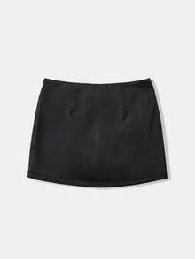 SHEIN EZwear 女式新款缎面低腰迷你裙 - 黑色 - 查看 8