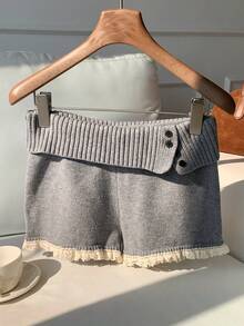 Comfortcana 蕾丝拼布可折叠不对称下摆灰色短款毛衣短裤 - 灰色 - 查看 3