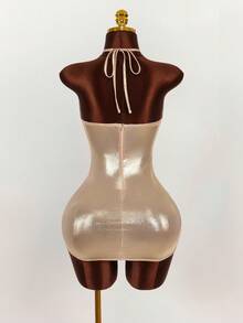 Amplova 女士纯色金属镂空抽绳交叉吊带迷你派对连衣裙 - 藕粉色 - 查看 2