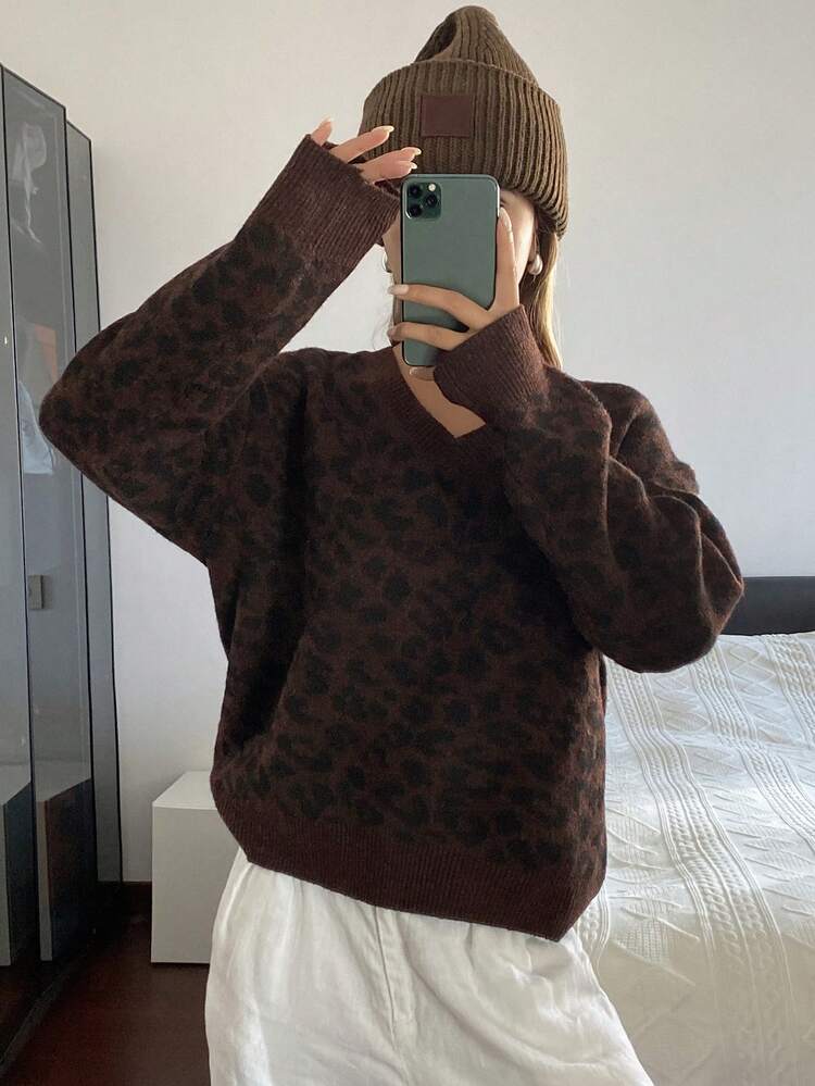 DAZY 女式豹纹V领宽松休闲长袖套头衫，秋冬 - 棕色 - 查看 5
