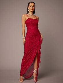 Silquee Elegant Dark Red Summer Solid Ruffled Asymmetric Hem Dress,Ladies' Mesh Party Dress For Valentine's Day,Date Night,Vacation,Stage Performance - Red - View 4