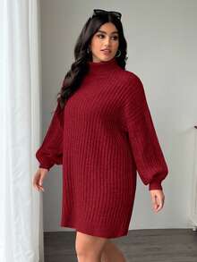 SHEIN EZwear 大码高领宽松粗针织灯笼袖毛衣裙，秋冬 - 紅色 - 查看 5