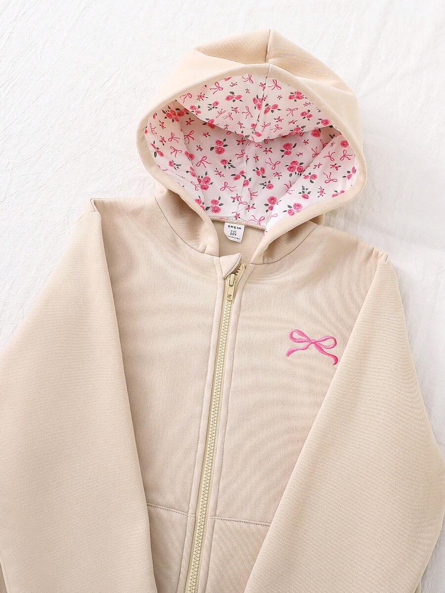 Tween Girls Cute Sweet Floral Bow Print Double Layer Zipper Pocket Loose Jacket, Casual & Versatile, Autumn/Winter - Apricot - View 1