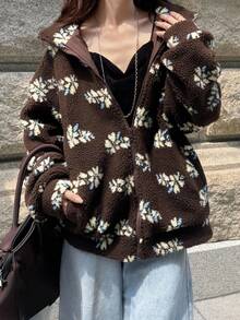 FRIFUL Women's Thermal Lined Brown Base Allover Floral Print Stand Collar Drop Shoulder Long Sleeve Drawstring Hem Zip Up Loose Casual Versatile Regular Jacket, Autumn Women Coats - Multicolor - View 5