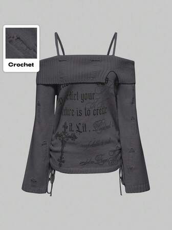 Goth Suéter ajustado con hombros descubiertos y gráfico de cruz punk para mujer