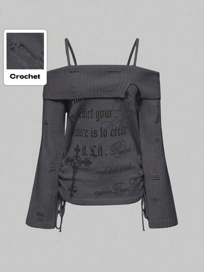 Goth Suéter ajustado con hombros descubiertos y gráfico de cruz punk para mujer