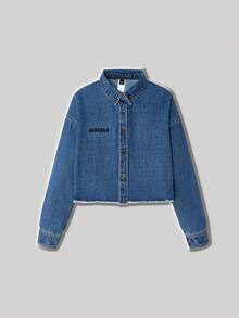 Muvela Women's Autumn Dropped Shoulder Long Sleeve Letter Embroidery Frayed Single-Breasted Casual Denim Blouse