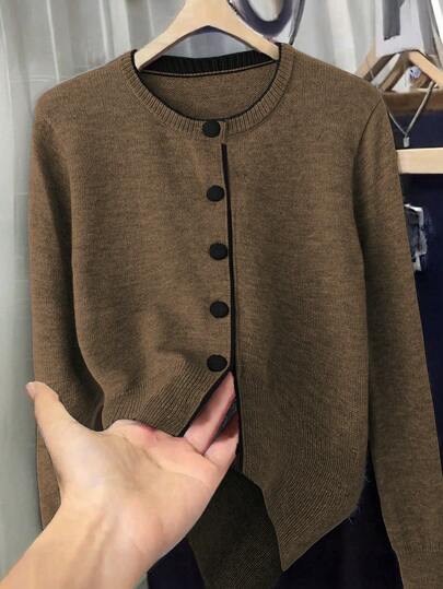 Franclia 博主风拼色宽松圆领毛衣外套，欧美新款