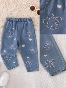 1 pieza Pantalones cortos vaqueros rectos con bordado de corazón y animal de dibujos animados, estilo casual para niñas/bebés - Azul - Ver 3