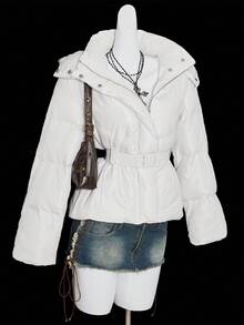 SHEIN ICON 女士纯色长袖连帽宽松休闲冬季夹克 - 白色 - 查看 5