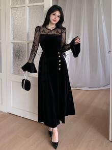 Feyla 女士优雅蕾丝拼布喇叭袖长连衣裙 - 黑色 - 查看 2