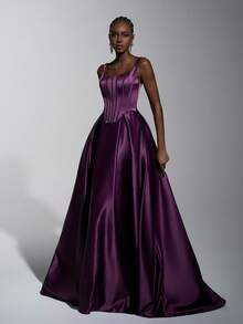 Elitara Minimalist Retro Fashion Eggplant Purple Fishbone Design A-Line Formal Dress, Business Dress, Guest Dress, Evening Gown