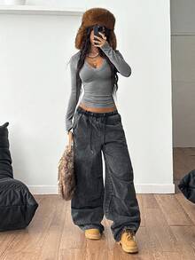 Coolane 女式秋冬街头服饰文艺复兴博览会基本款罗纹针织保暖/寒冷天气/保暖弹力长袖 V 领 T 恤 - 灰色 - 查看 2