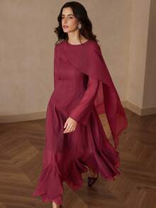 Aveloria Rosie Đầm dài tay nữ dáng suông cổ tròn tay loe nhẹ nhàng, sang trọng, cao cấp, thiết kế xẻ tà, vai đơn - Màu Đỏ Sâu - Xem 1