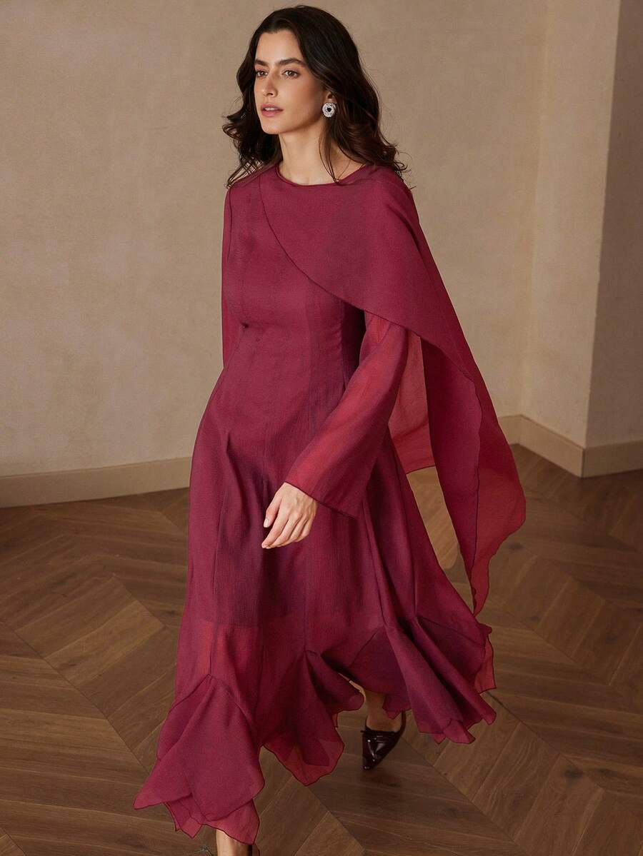 Aveloria Rosie Đầm dài tay nữ dáng suông cổ tròn tay loe nhẹ nhàng, sang trọng, cao cấp, thiết kế xẻ tà, vai đơn - Màu Đỏ Sâu - Xem 1