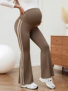 SHEIN Maternity Yoga Pants With Belly Support, Fitted With Elastic Waistband And Side Straps - Brown - View 3