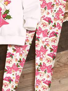 SHEIN Bộ đồ Giáng Sinh Happikins, màu hồng Giáng Sinh, ông già Noel hoạt hình dễ thương, họa tiết nơ in hình báo hồng, không khí Giáng Sinh kẹo gậy, quà tặng Giáng Sinh, bộ 2 món áo nỉ dài tay cổ tròn và quần legging cho bé gái, thích hợp cho mùa thu/đông, ở nhà, trang phục dự tiệc Giáng Sinh. - Nhiều màu - Xem 5