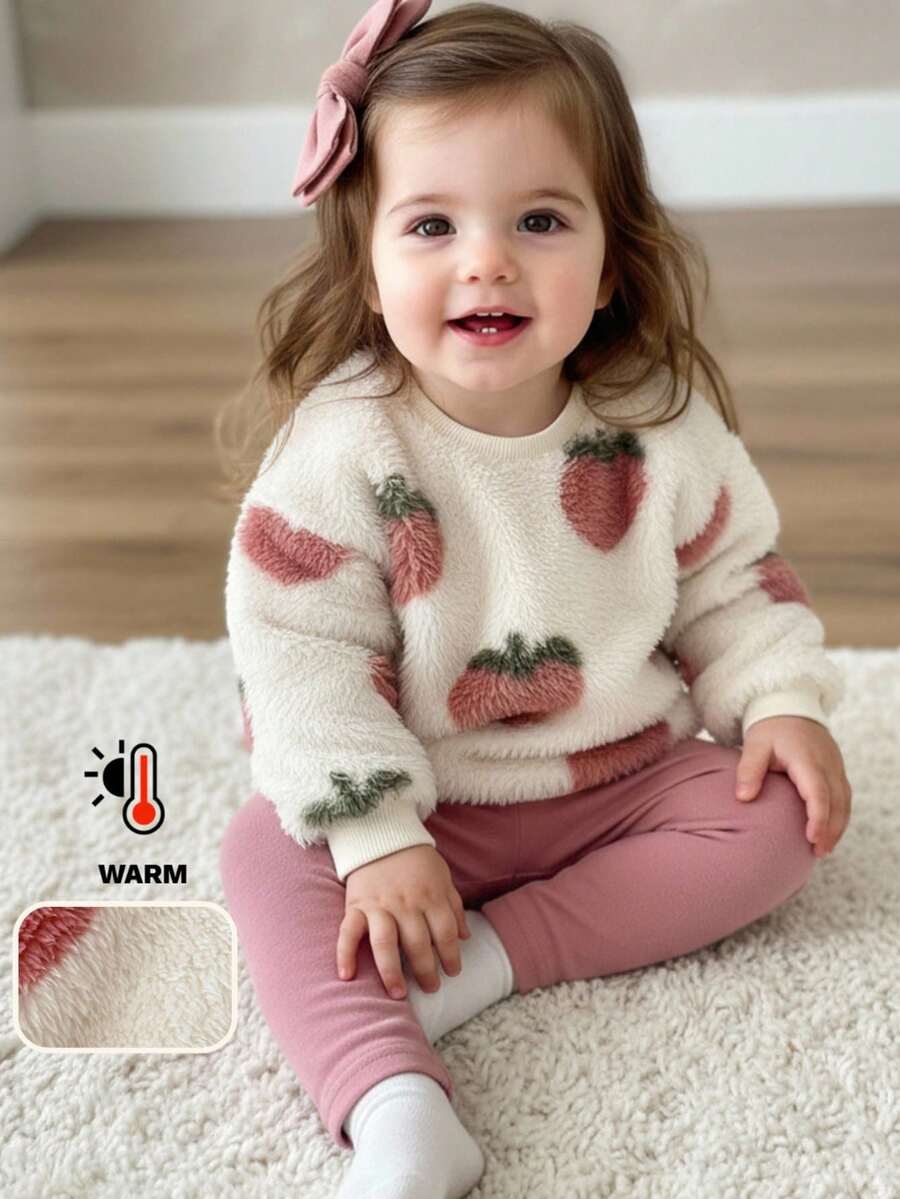 LMoss Kids LMoss  2pcs Baby Girl Knitted Fluffy Strawberry Pattern Casual Sweatshirt And Leggings Set,Pink Leggings,Styles Confortables D'automne&Hiver,Pullover,Gemütliche Herbst- & Winterstile,Cozy Fall & Winter Styles
