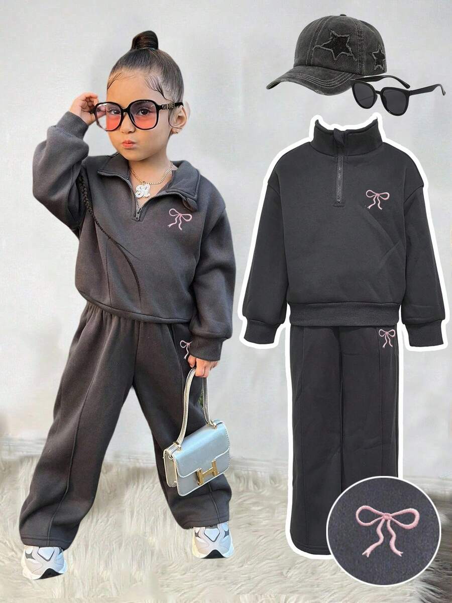 2件套女童刺绣字母拉链连帽衫和裤子套装，保暖内衬，适合外出、居家和休闲穿着，秋冬季童装套装，女童运动服套装 - 深灰色 - 查看 1