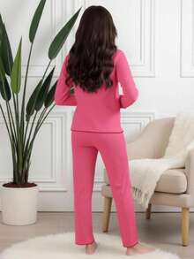 SHEIN 女童睡衣 2 件/套，简约可爱珊瑚粉樱桃刺绣长裤和长袖，舒适宽松睡衣，适合大女孩 - 玫紅色 - 查看 2