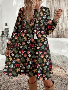 EMERY ROSE Weihnachtliches Lässig Minimalistisches Weihnachtsbaum & Lebkuchenmann Muster Damen Große Größen Langes Kleid, geeignet für Weihnachtspartys und Weihnachtsgeschenke