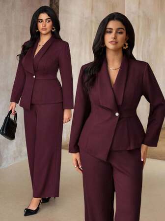 Roveilla Set di abiti da donna di grandi dimensioni in stile europeo e americano per l'autunno/inverno, pantaloni a gamba dritta slim-fit di stile francese chic, completo elegante e alla moda da ufficio, tuta casual da donna in due pezzi, set elegante da donna in due pezzi, set formale classico da donna in due pezzi