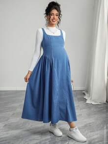 SHEIN 孕妇休闲水洗无袖牛仔连衣裙 - 深色水洗藍 - 查看 5