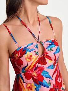 CAJUNI Vestido mini con estampado floral y escote halter, estilo vacacional - Rojo - Ver 6