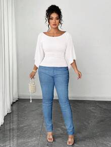 SHEIN Elenzya Áo thun cổ tròn tay chuông dệt kim co giãn cao cỡ lớn màu trơn thanh lịch dành cho nữ - trắng - Xem 4