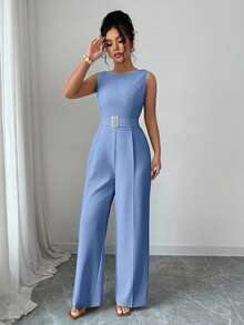 Rafferiza French Romantic One-Shoulder Sleeveless High Waist Belt Smooth Fabric Metal Buckle Decoration Wide Leg Straight Women Jumpsuit Women Summer Clothing Women Office Clothing Outing Clothing