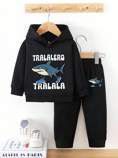 1 Set Young Boy Fashion Cool Shark & Tralalero Tralalala Italian Brainrot Graphic Print Black Hoodie And Pants Outfit, Suitable For Outings And School Wear, Autumn/Winter
