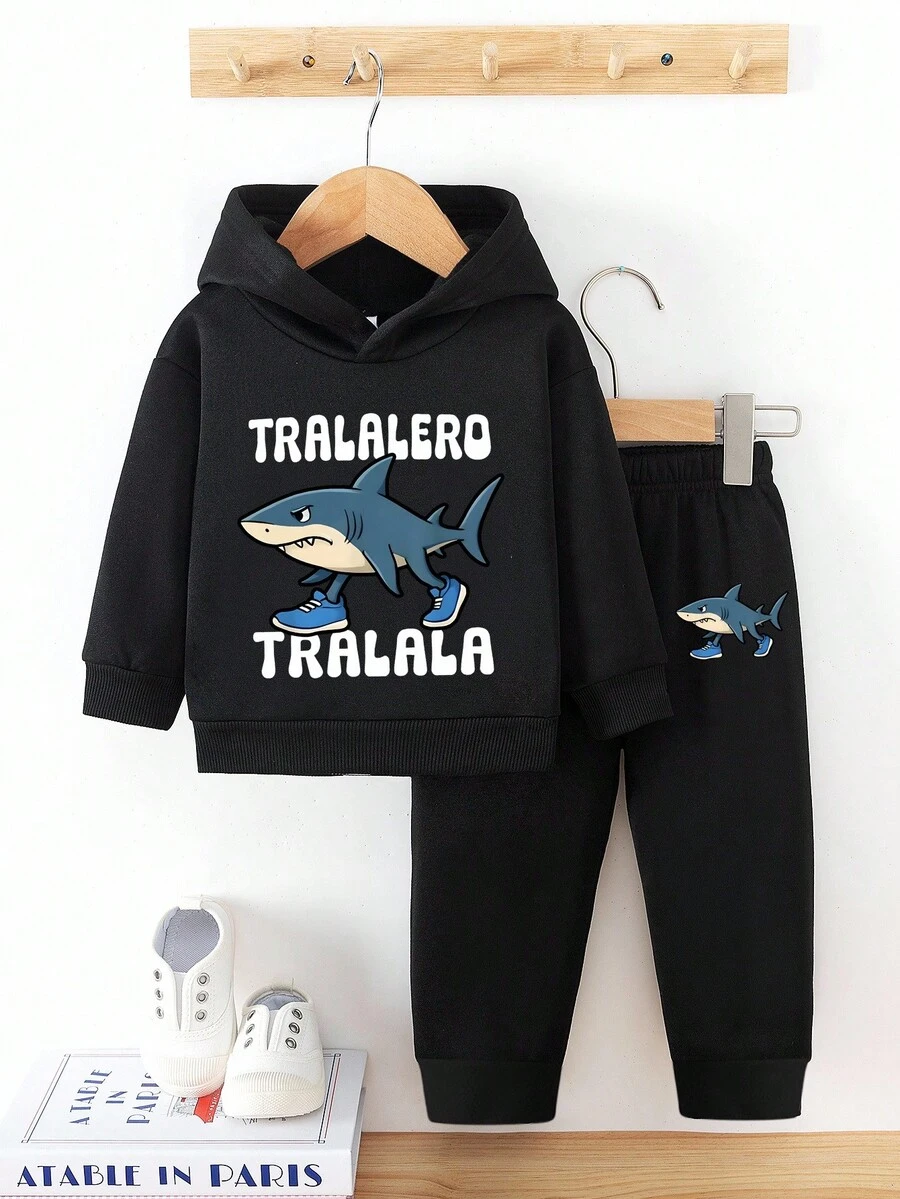 1 Set Young Boy Fashion Cool Shark & Tralalero Tralalala Italian Brainrot Graphic Print Black Hoodie And Pants Outfit, Suitable For Outings And School Wear, Autumn/Winter - Black - View 1