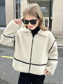 SHEIN Serisse Kids Giacca oversize in pile teddy con colletto e bordi a contrasto, stile casual da strada per ragazze pre-adolescenti, adatta per l'autunno/inverno - Bianco - Visualizzare 3