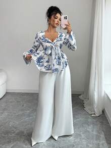 Elenzga Conjunto de 2 piezas de top con mangas acampanadas y pantalones de pierna ancha con estampado todo sobre todo, elegante para mujer, otoño - Multicolor - Ver 3