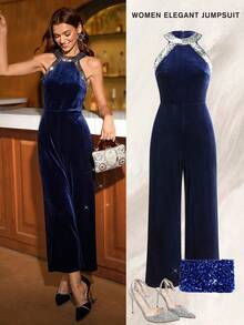 Ellevyn Women's Sleeveless Velvet Sequin Knit Jumpsuit, Elegant Bodycon Fit Straight Leg Pants, Navy Blue, Suitable For Daily Wear, Party, Autumn/Winter