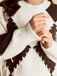 EMERY ROSE Plus Size Rhombus Color Block Lace-Up Design Crew Neck Long Sleeve Sweater, Comfortable Casual Commuter - Apricot - View 5