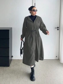 POPSWAY Áo khoác tay dài có mũ trùm đầu, túi khóa kéo phía trước cỡ lớn, có dây rút ở eo - Xám - Xem 2