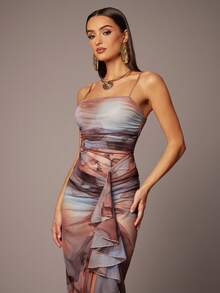 Silquee 优雅女士扎染印花荷叶边下摆紧身吊带连衣裙，适合情人节、约会之夜、度假、海滩、音乐节、春夏季、日常约会、夜总会派对、聚会 - 彩色 - 查看 5