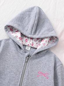 女童可爱甜美花卉蝴蝶结印花双层拉链口袋宽松夹克，休闲百搭，秋冬 - 灰色 - 查看 5