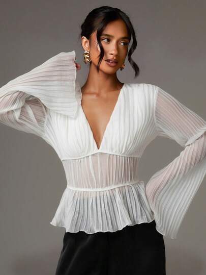 Athîral Women's Solid Color Deep V-Neck Flared Sleeve Pleated Fashionable Sexy Blouse