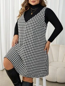 SHEIN CURVE+ Váy yếm kẻ caro đen trắng cỡ lớn dành cho nữ, phong cách đường phố cổ điển thường ngày, thu/đông - Đen và trắng - Xem 3