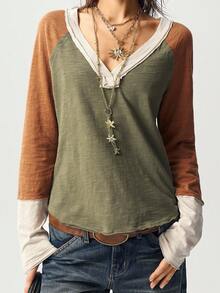 Bohemela Áo nỉ nữ cỡ lớn cổ chữ V tay raglan phối màu tương phản, dáng rộng thoải mái - Màu nâu  Mocha - Xem 6