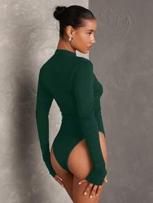 SHEIN BAE 女式黑色纯色舒适针织长袖简约褶皱修身紧身衣，百搭日常休闲穿着 - 墨綠色 - 查看 2