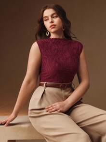 Anewsta Canotta aderente con colletto a volant in tessuto texturizzato bordeaux senza maniche, adatta per Natale, autunno, inverno, elegante, chic, stilosa, Natale, uscite, abbigliamento invernale da donna, Natale - Bordò - Visualizzare 2