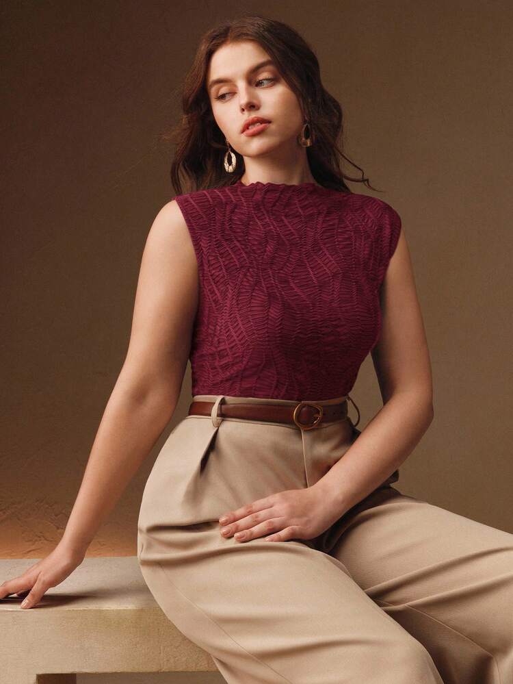 Valentine Plus Size Women's Burgundy Solid Textured Fabric Sleeveless Ruffle Collar Fitted Tank Top, Suitable For Christmas, Fall, Winter, Elegant, Chic, Stylish, Christmas, Going Out, Winter Clothes For Women, Christmas