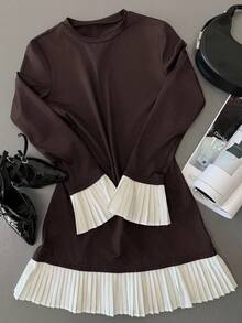 Aloruh 女式优雅通勤拼色褶皱喇叭袖中长连衣裙 - 咖啡棕 - 查看 2